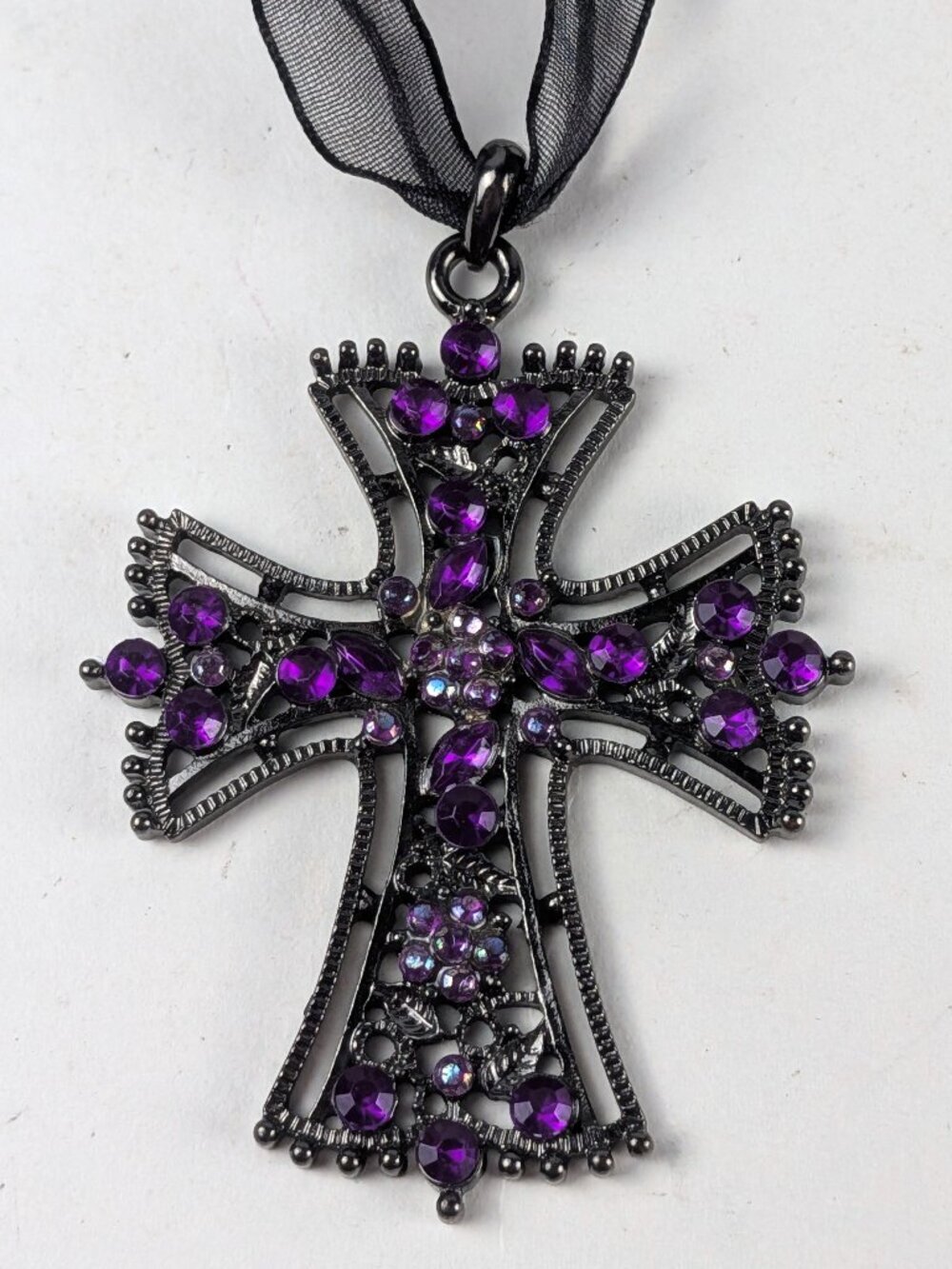 Purple/Black Rhinestone Cross Ribbon Necklace - Picture 2 of 5